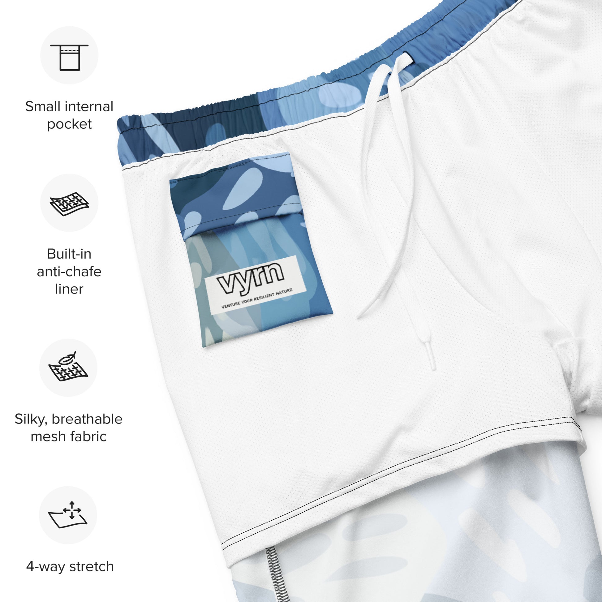 Lagoon Rise Close-up detail of the graphic and fabric texture on Rockpool Channel Swim Trunks by VYRN