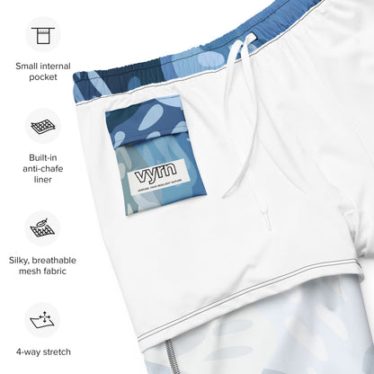 Lagoon Rise Close-up detail of the graphic and fabric texture on Rockpool Channel Swim Trunks by VYRN