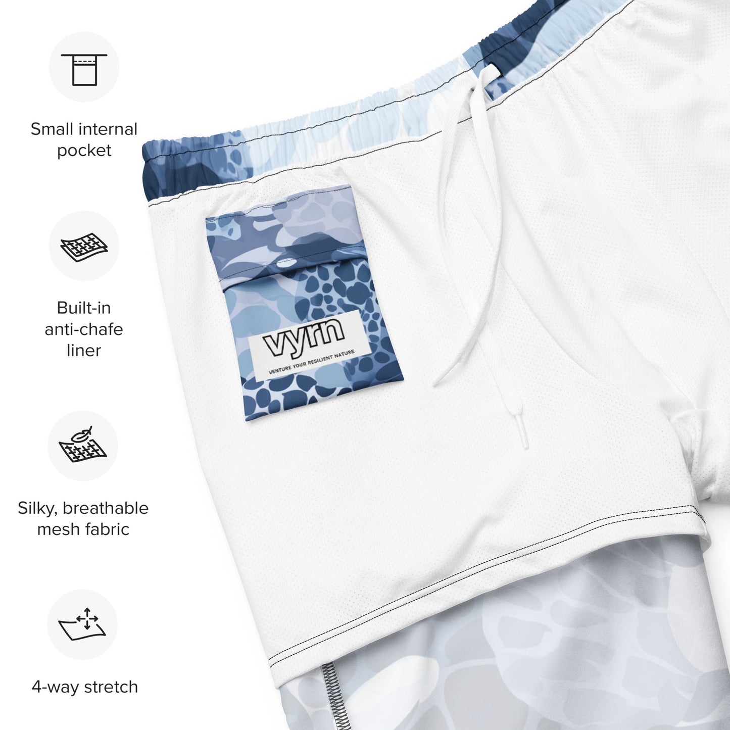 Rockpool Channel Close-up detail of the graphic and fabric texture on Rockpool Channel Swim Trunks by VYRN