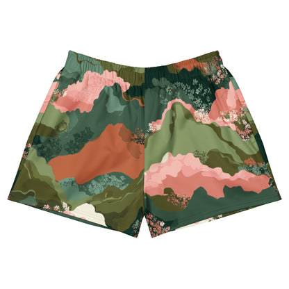 Olive Bloom Shorts with a nature-themed design on a white background