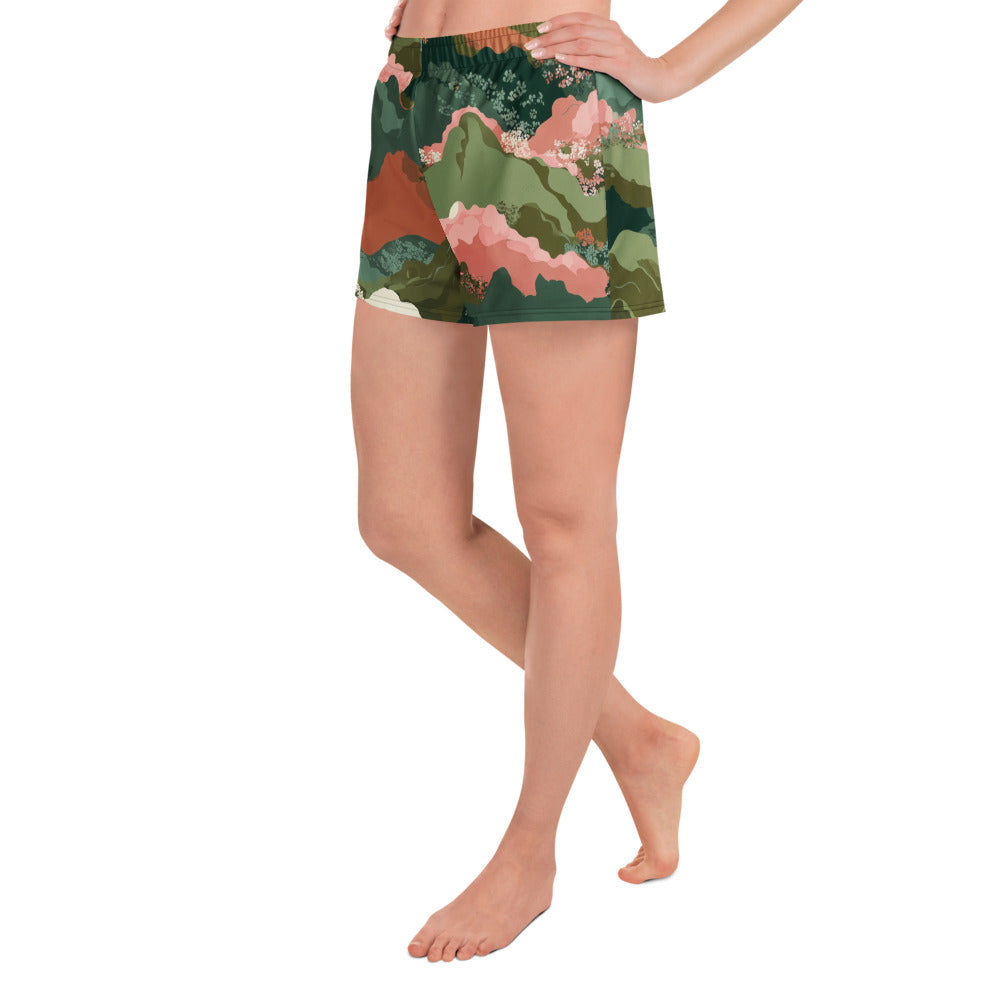 Olive Bloom Shorts with a nature-themed pattern on a white background