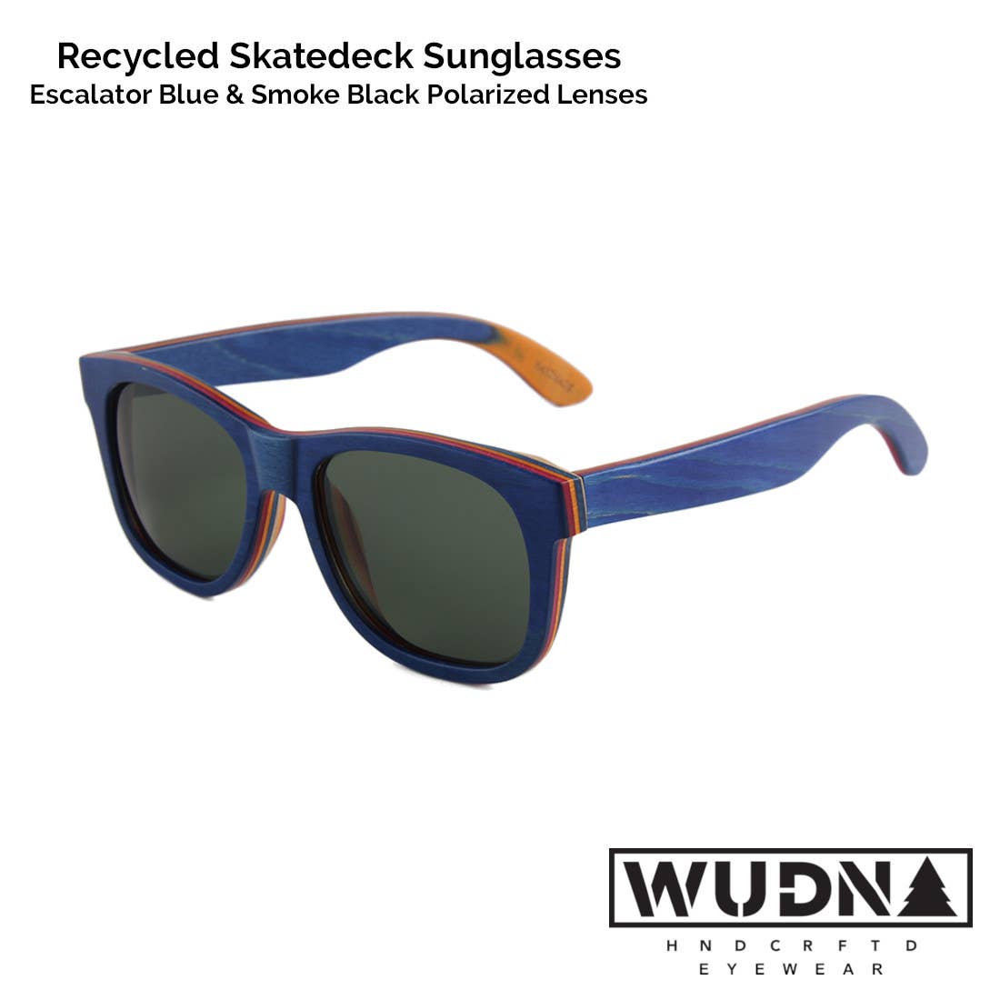 Escalator blue Recycled sunglasses with dark lenses on a white background, featuring WUDN logo.