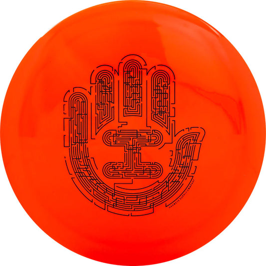 Orange disc with black hand design on a white background