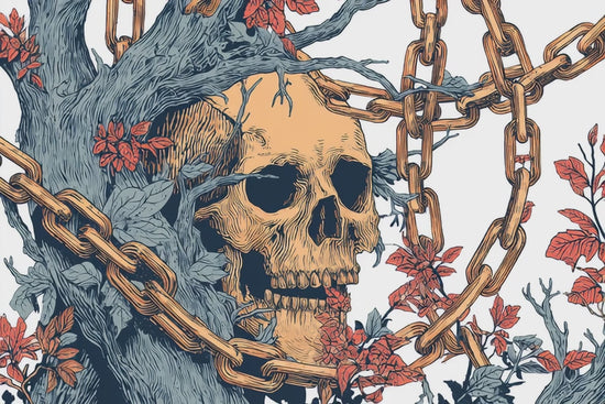 khaki motion VIDEO of the VYRN iron roots graphic. Skull with gold chains. 