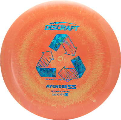 assorted Discraft Avenger SS disc golf disc with recycling symbol on an orange background