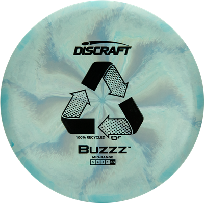assorted Discraft Buzzz disc golf disc with recycling symbol on a light blue and gray gradient background