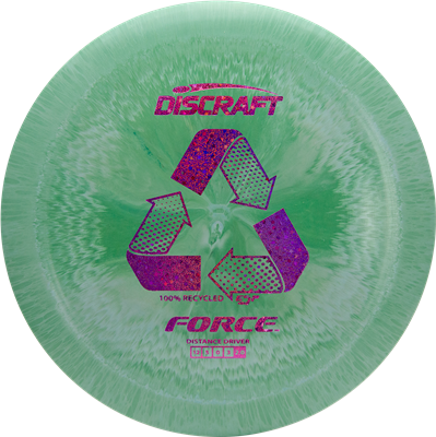 assorted Green Discraft Force disc golf disc with purple recycling symbol on a white background