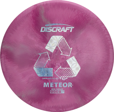  assorted Discraft Meteor disc golf disc with recycling symbol on a white background