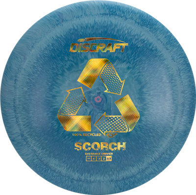 assorted Blue Discraft Scorch disc golf disc with gold recycling symbol on a white background