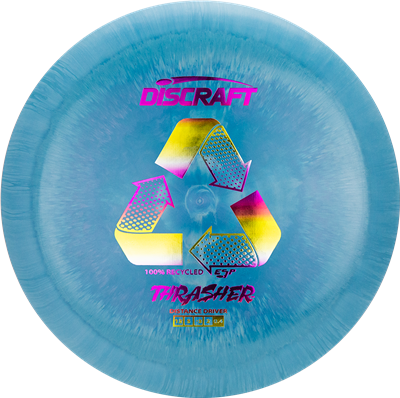 assorted Blue Discraft disc with recycling symbol on a white background