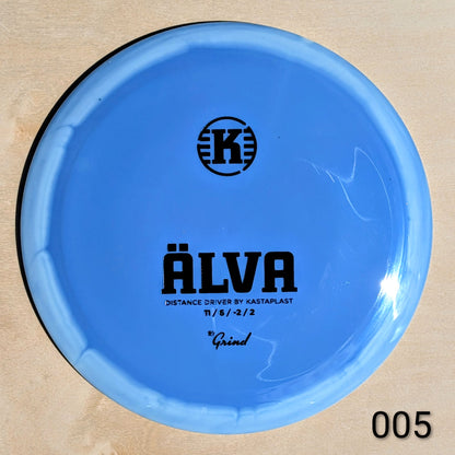 Blue disc with 'K' logo and text on a beige background