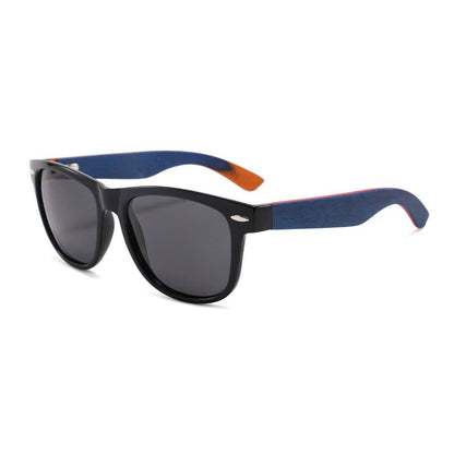 escalator blue hybrid recycled sunglasses with a leopard print frame on a white background