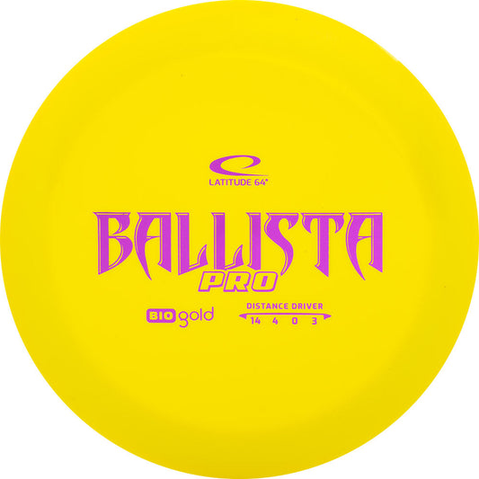 Yellow disc golf ball with purple text on a white background