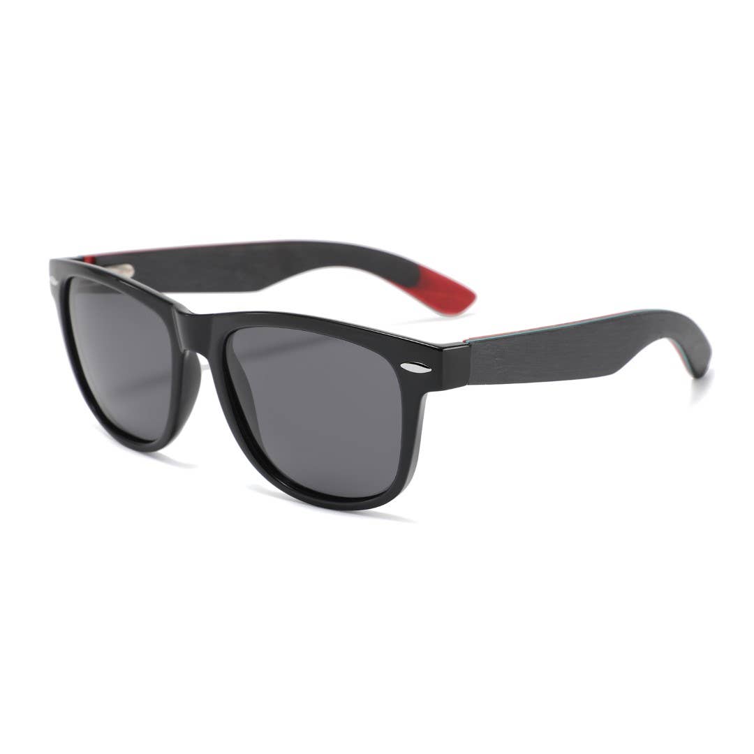 ollie Black sunglasses with red accents on a white background