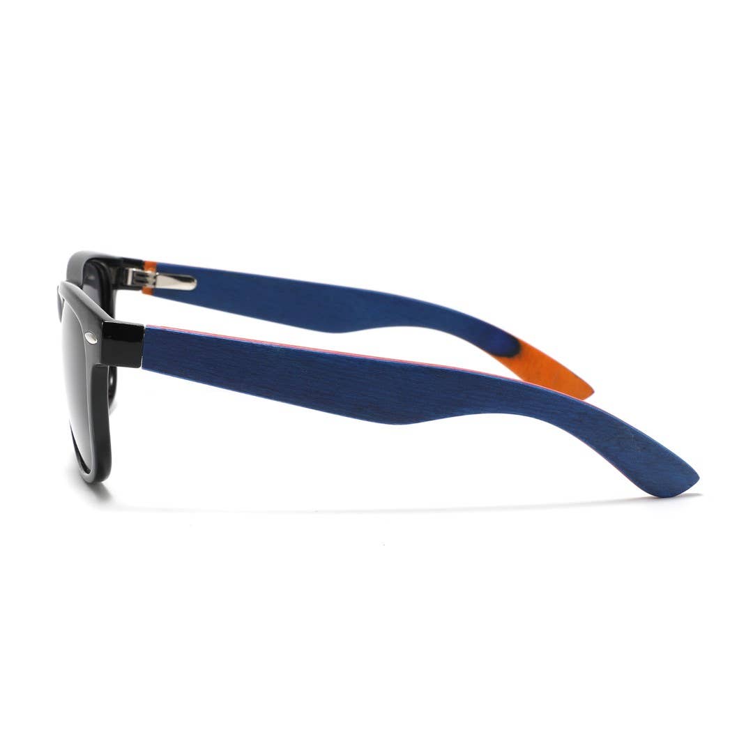 escalator blue hybrid recycled sunglasses with blue frames and orange accents on a white background