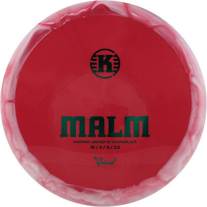 Red and pink disc golf disc with 'K' logo and text on a white background