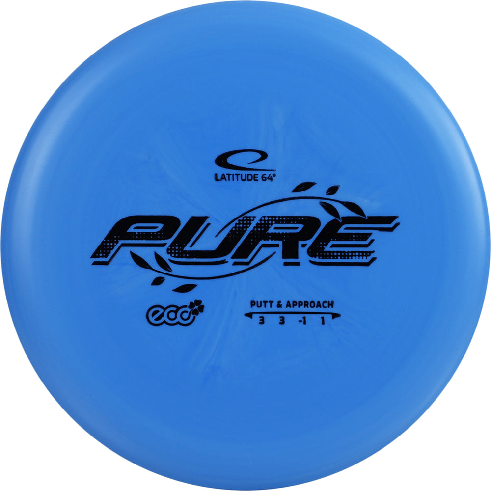 Blue disc golf putter with 'Latitude 64' and 'PURE' branding on a white background