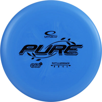 Blue disc golf putter with 'Latitude 64' and 'PURE' branding on a white background