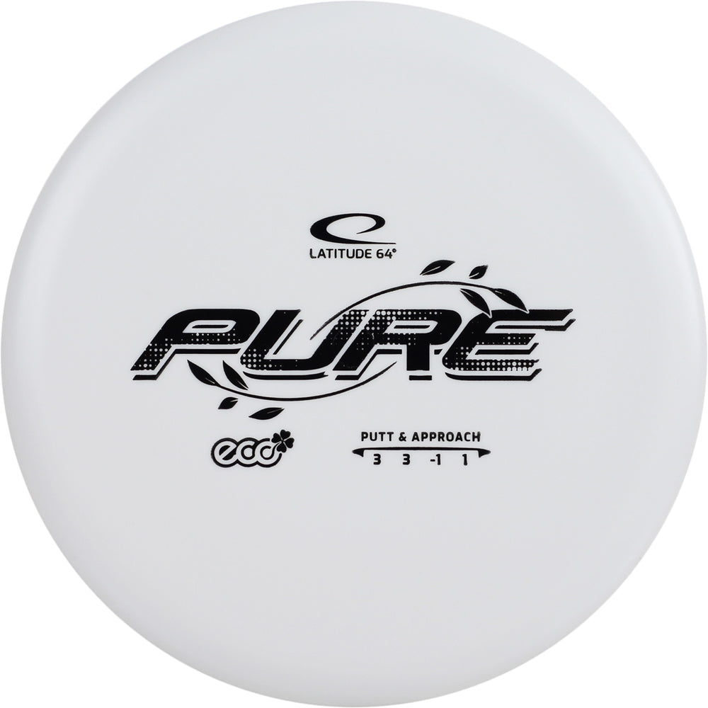 White disc golf putter with 'Latitude 64' and 'Pure' branding on a white background