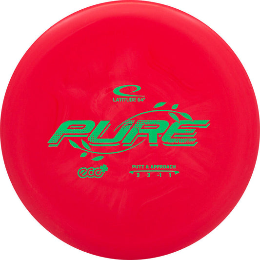 Red disc golf putter with green text on a white background