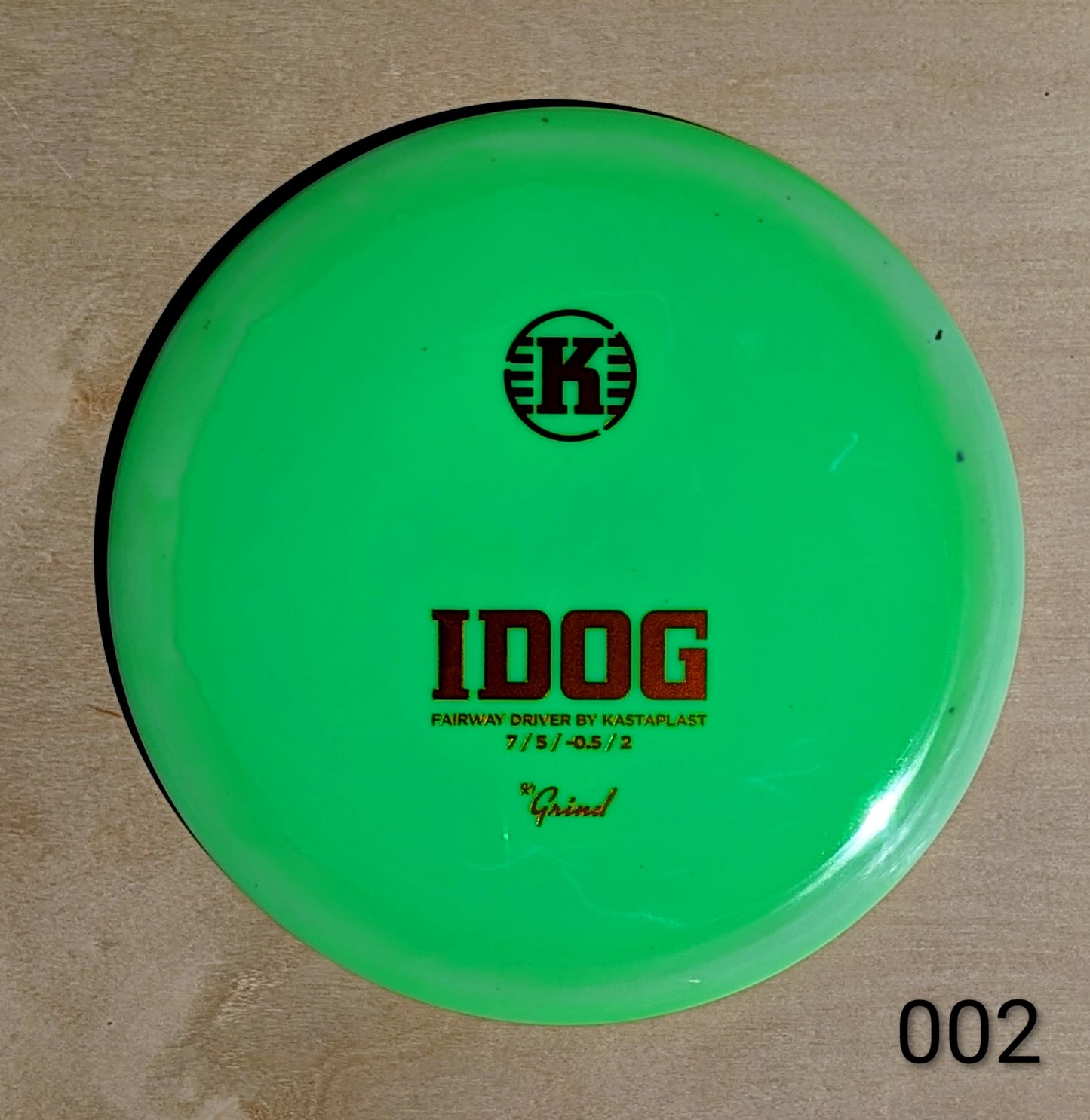 Green disc with 'K' logo and text on a beige background