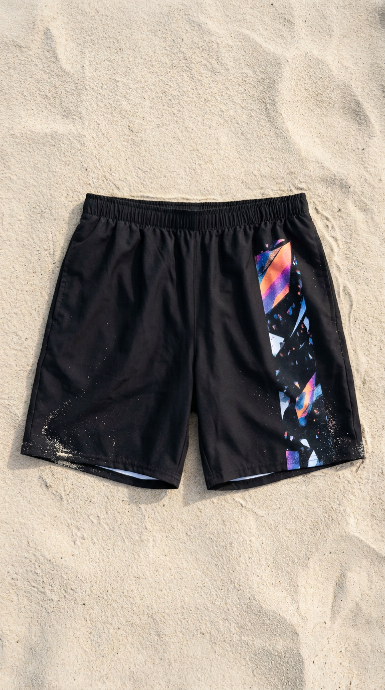 Prism Black shorts with colorful geometric pattern on a sandy surface