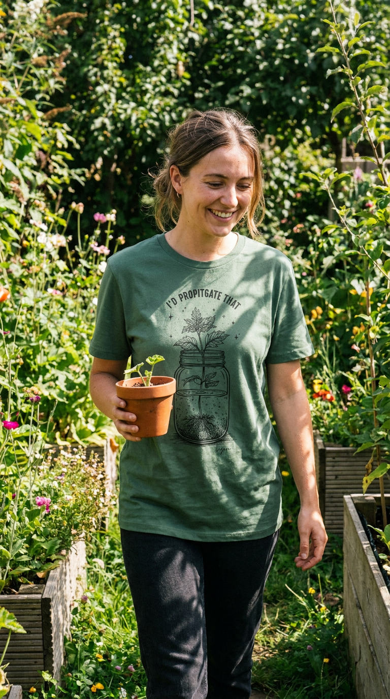 Green Bay Woman holding a potted plant in a garden wearing a green t-shirt with a graphic design.