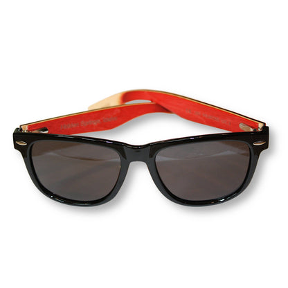 bluntslide red sunglasses with black frames and red interior on a white background