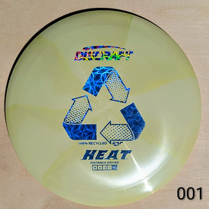 Disc golf disc with branding and text on a beige background