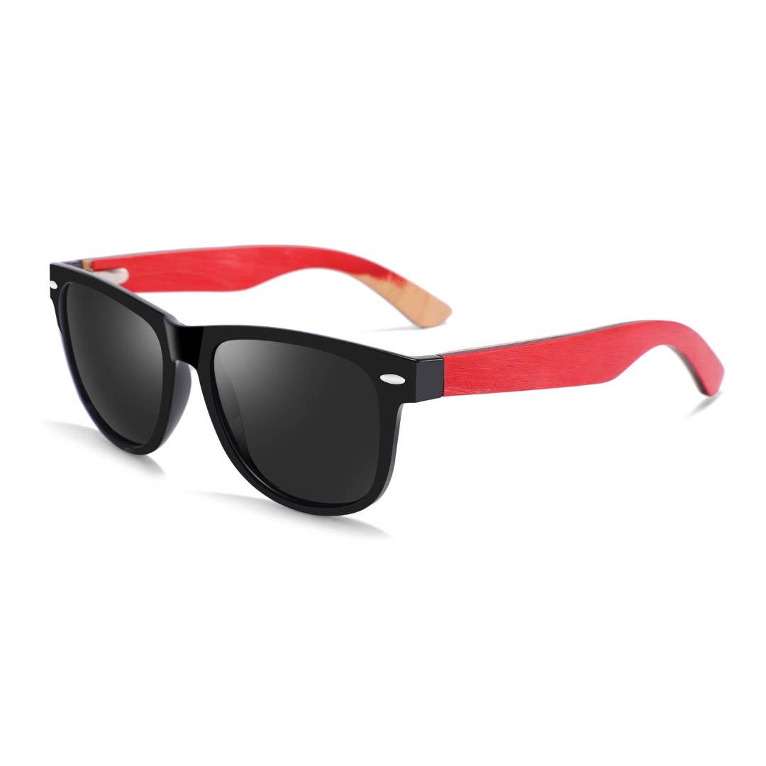 bluntslide red sunglasses with black frames and red arms on a white background