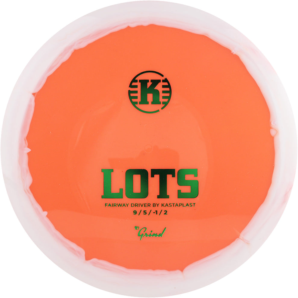 Orange disc golf fairway driver with 'K' logo and text on a white background