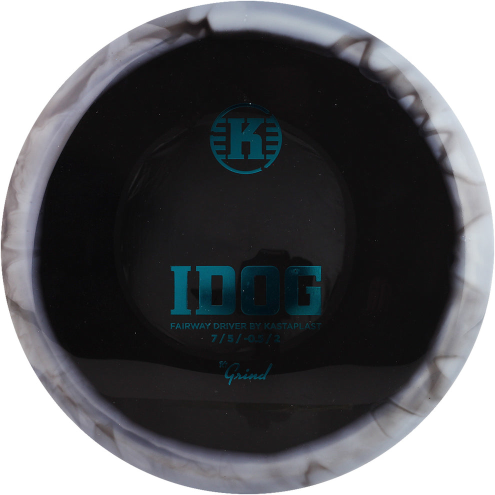 Black Close-up of a golf club head with 'K' and 'IDOG' branding on a white backgrounds