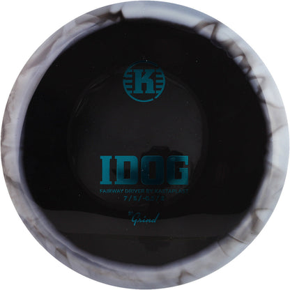 Black Close-up of a golf club head with 'K' and 'IDOG' branding on a white backgrounds