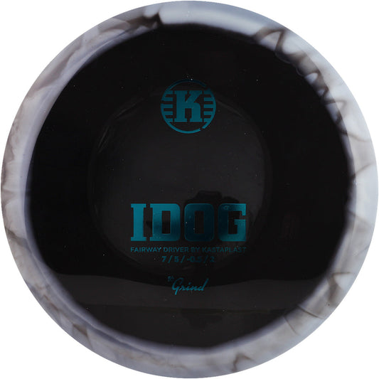 Black Close-up of a golf club head with 'K' and 'IDOG' branding on a white backgrounds