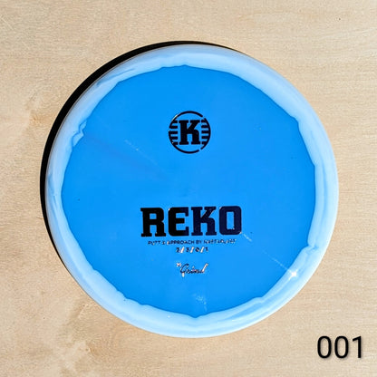 Blue disc with 'REKO' and 'K' logo on a beige background