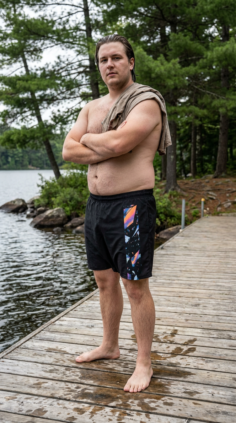 Prism Man standing on a wooden dock by a lake with trees in the background
