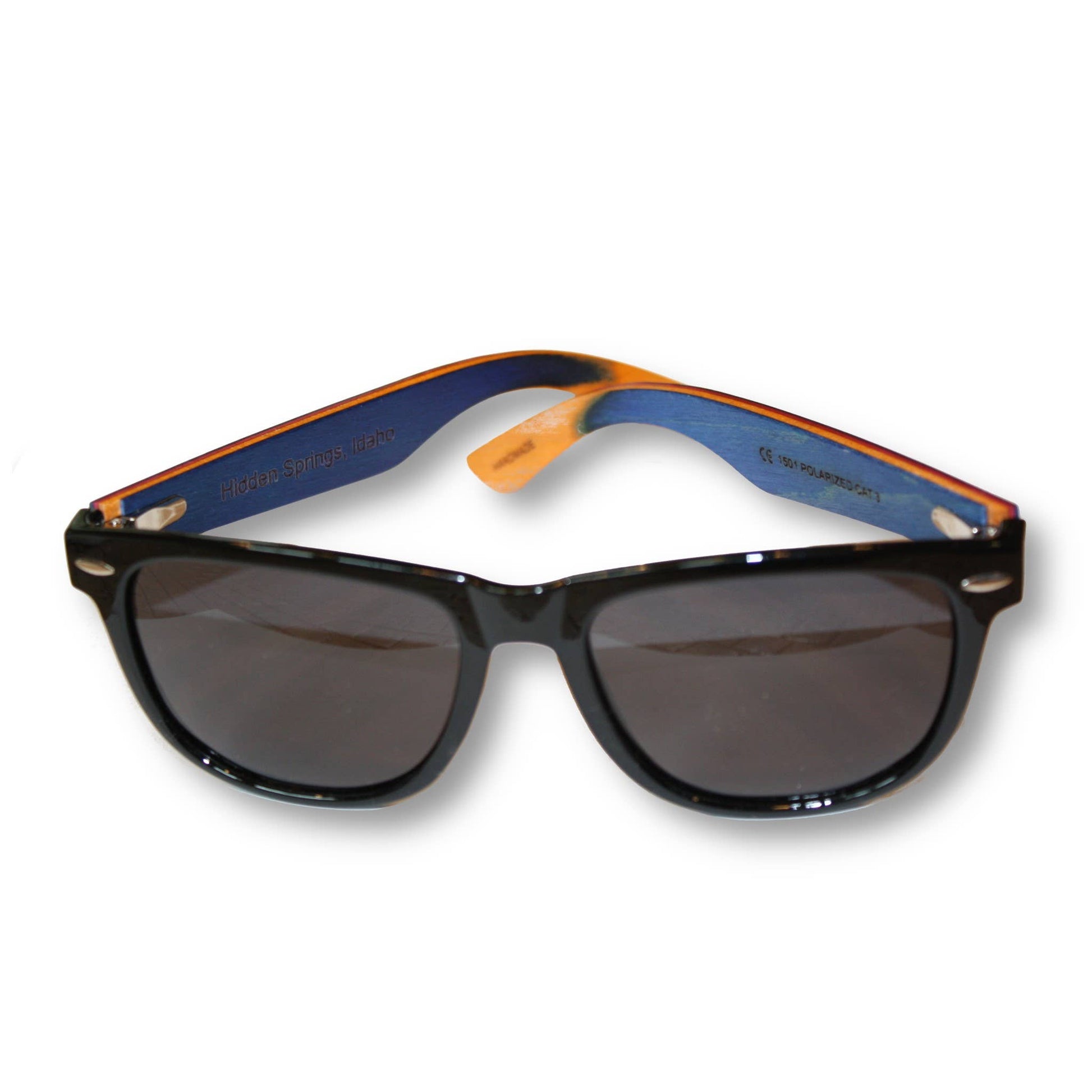 escalator blue hybrid recycled Sunglasses with black frame and orange accents on a white background