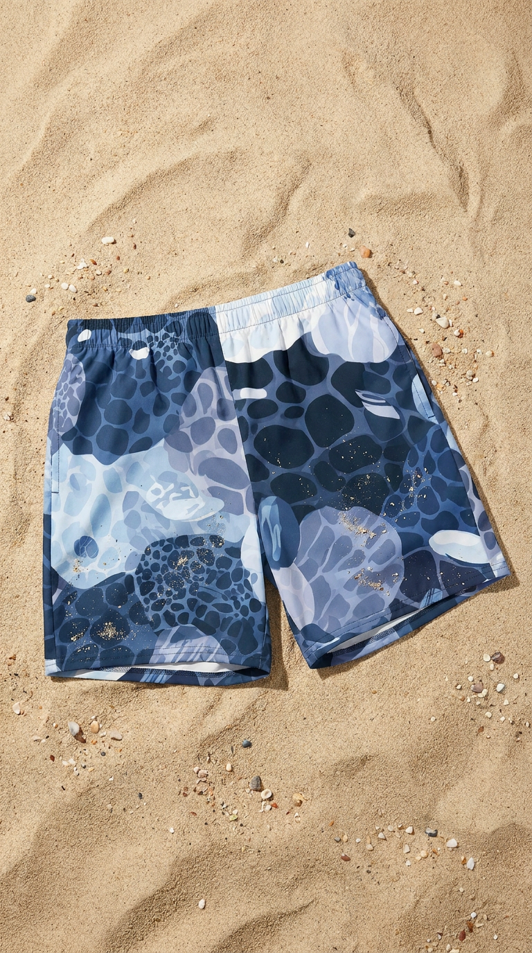 Rockpool Channel patterned shorts on a sandy surface