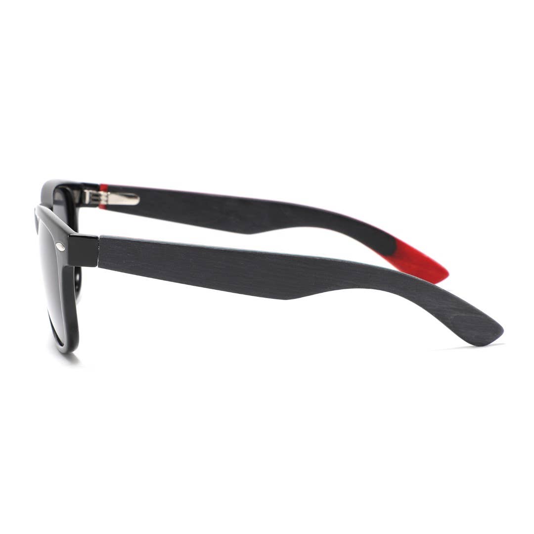 ollie Black sunglasses with red accents on a white background