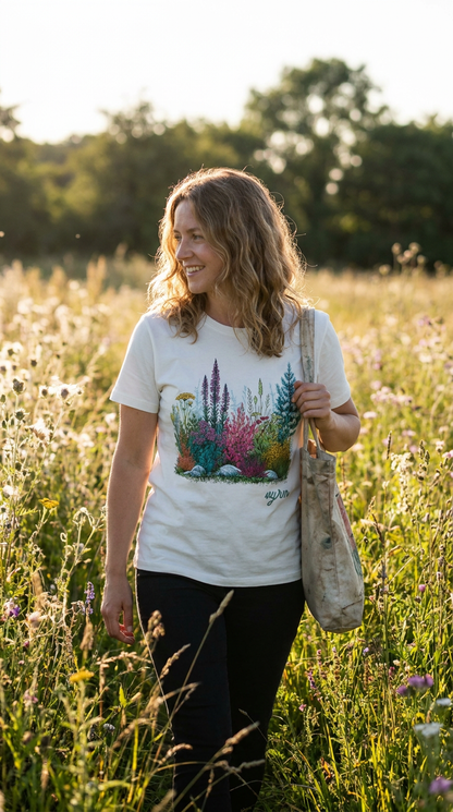 off white Woman standing in a field of wildflowers wearing a t-shirt with a floral design.
