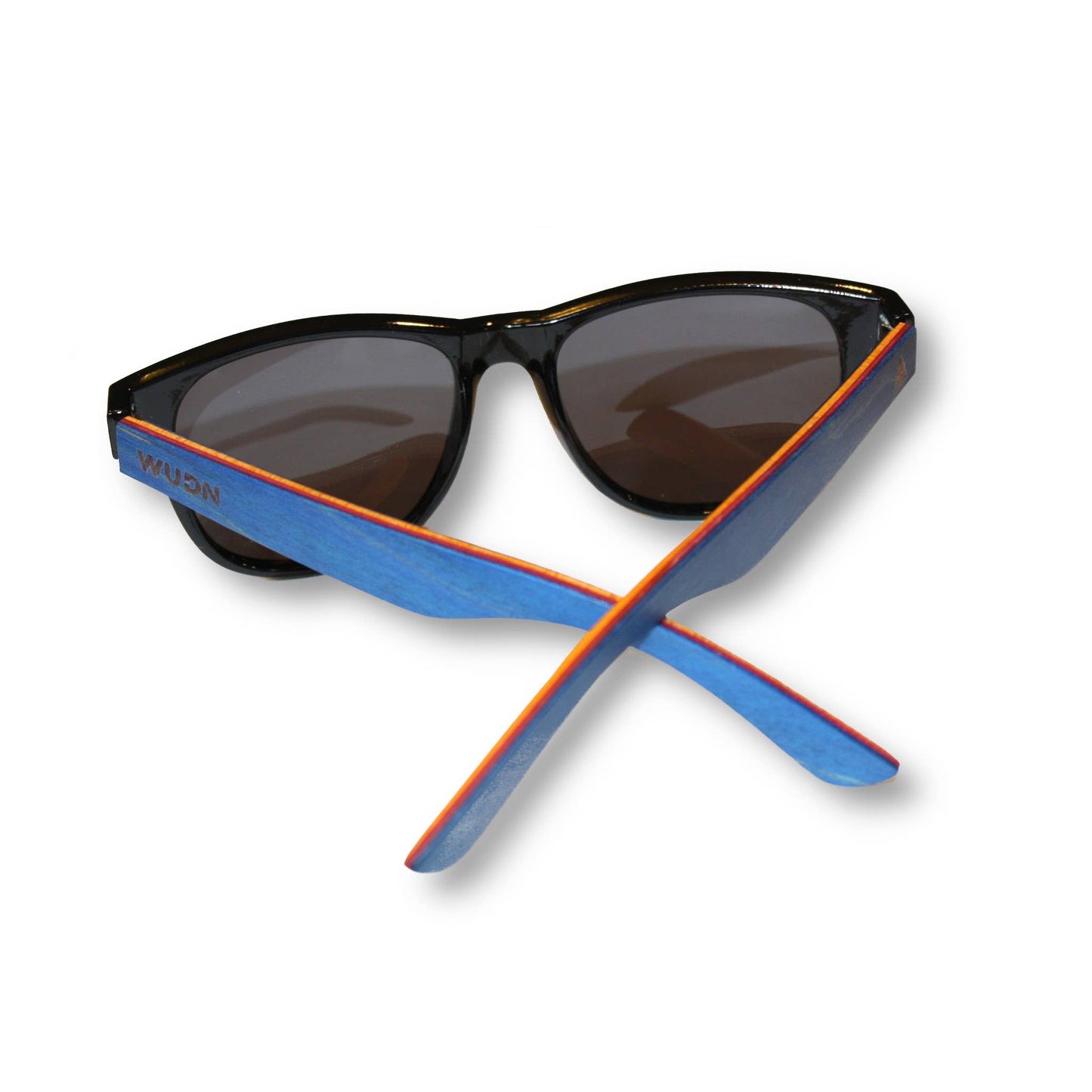 escalator blue hybrid recycled sunglasses with black lenses and blue frames on a white background