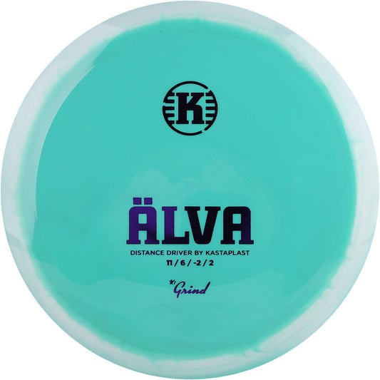 Teal disc golf disc with 'K' logo and text on a white background