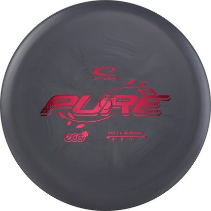 Black disc golf putter with red 'Pure' branding on a white background
