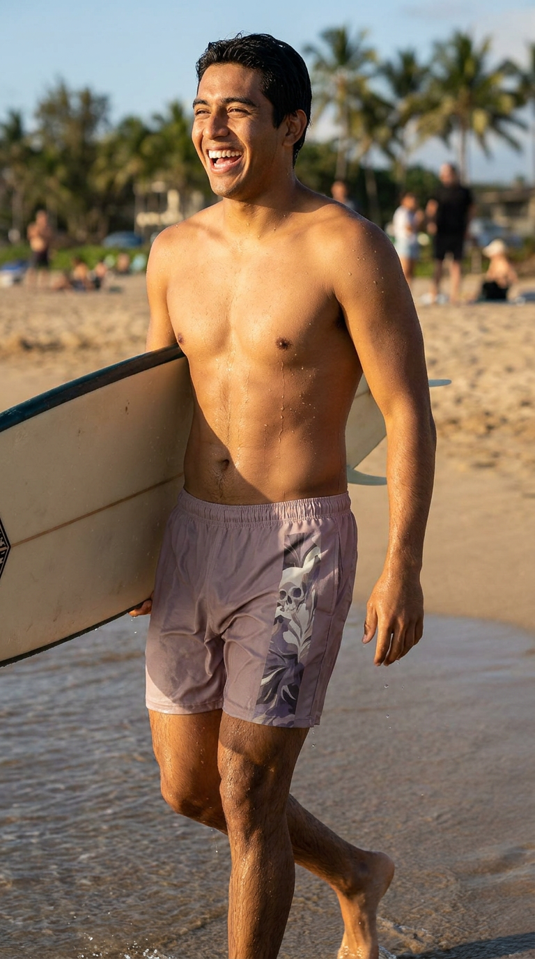Relic Man walking on a beach holding a surfboard with palm trees in the background