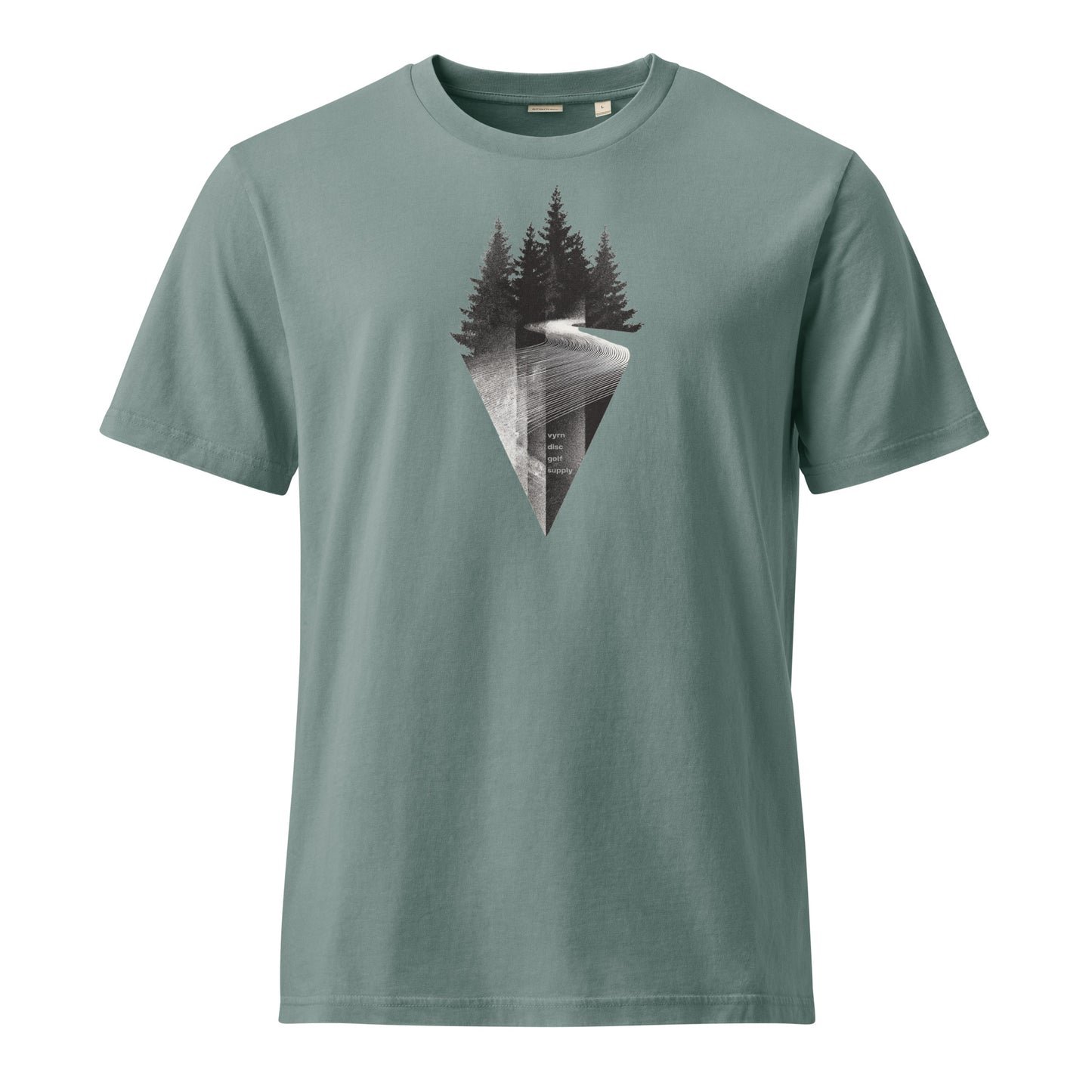 Dyed Green Bay t-shirt with a nature graphic on a white background