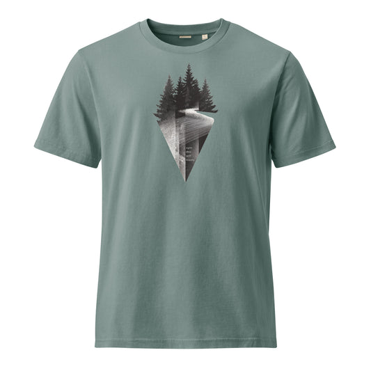 Dyed Green Bay t-shirt with a nature graphic on a white background