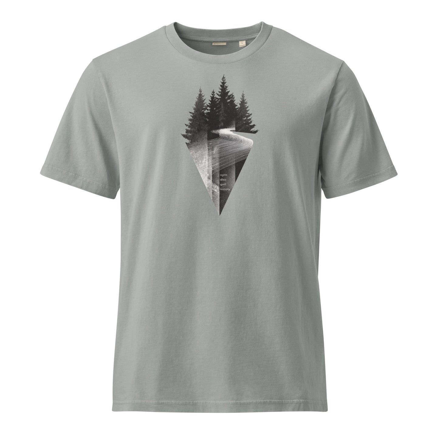 Dyed Misty Grey t-shirt with black trees and white lines on a white background