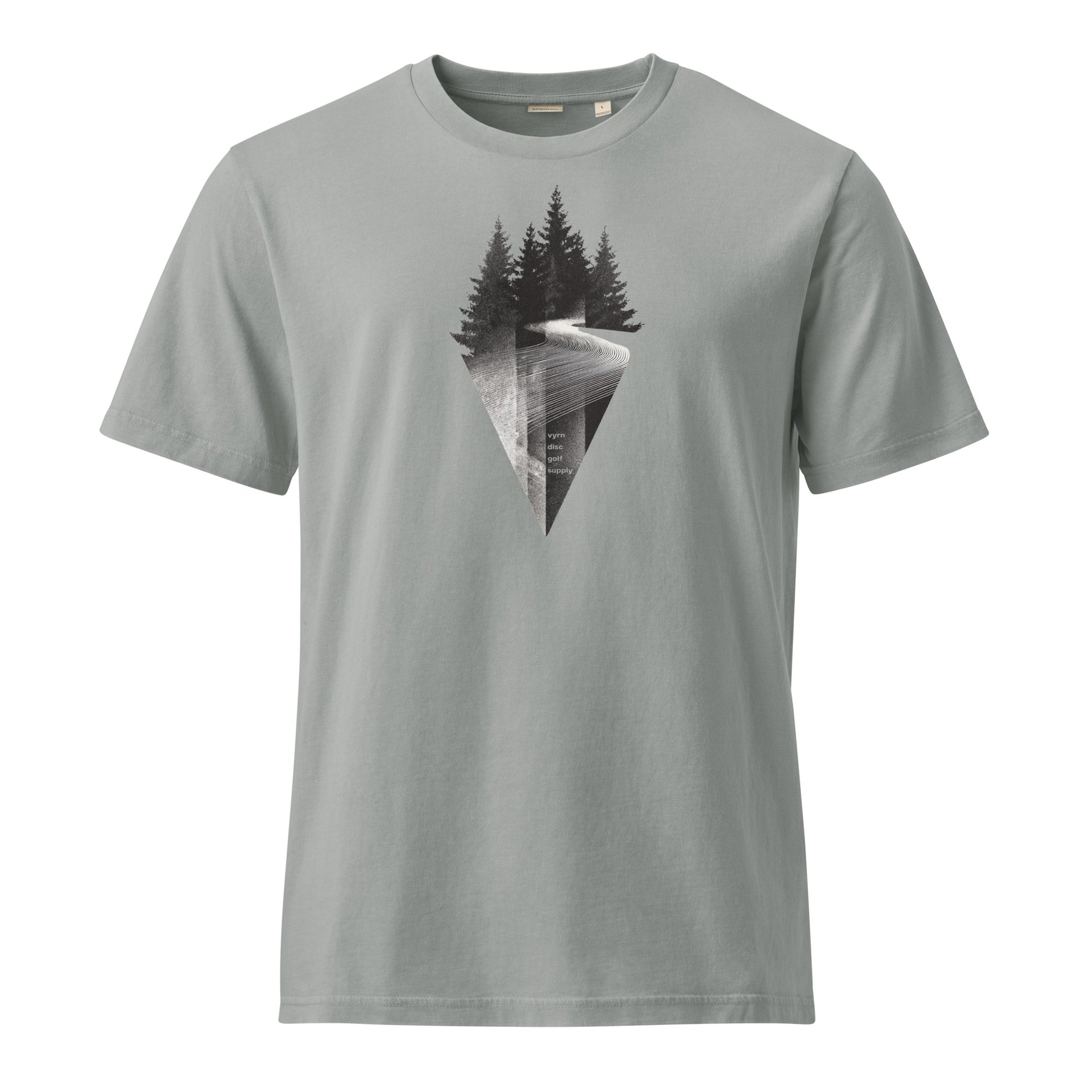 Dyed Misty Grey t-shirt with black trees and white lines on a white background