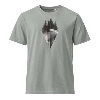 Dyed Misty Grey t-shirt with black trees and white lines on a white background