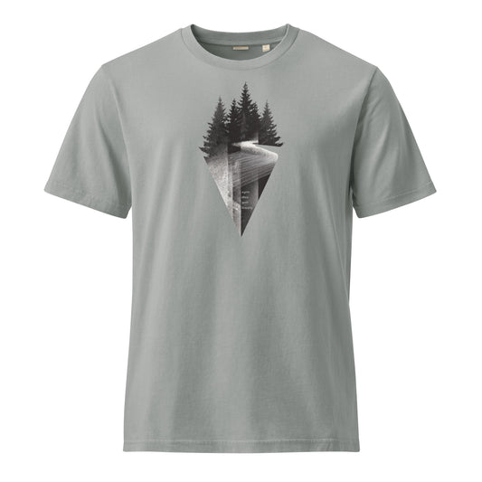 Dyed Misty Grey t-shirt with black trees and white lines on a white background